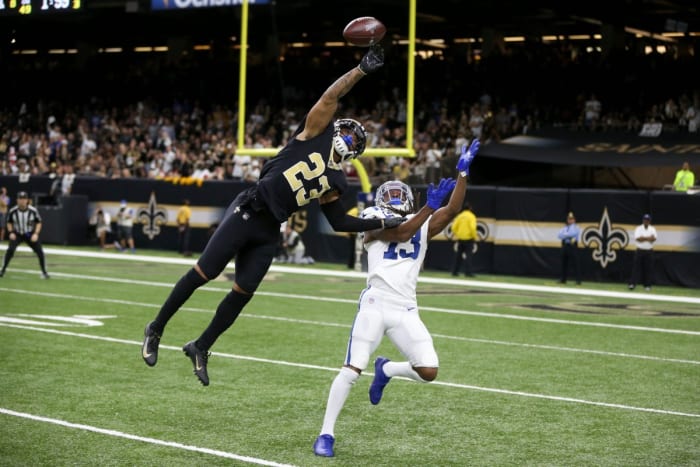New Orleans cornerback Marshon Lattimore (23) defends a pass intended for Colts receiver T.Y. Hilton (13). Mandatory Credit: Chuck Cook-USA TODAY Sports